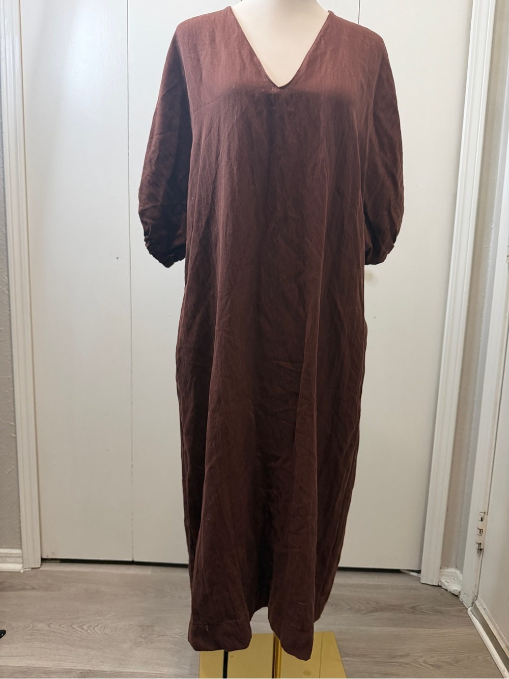 Zara Chocolate Brown V-Neck Long Sleeve Midi Dress - Picture 3 of 10
